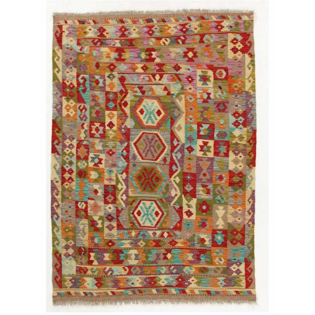 Tappeto contemporaneo kilim maimana con medaglione centrale multiplo e decorazioni geometriche lineari e uncinate disposte in cornici concentriche