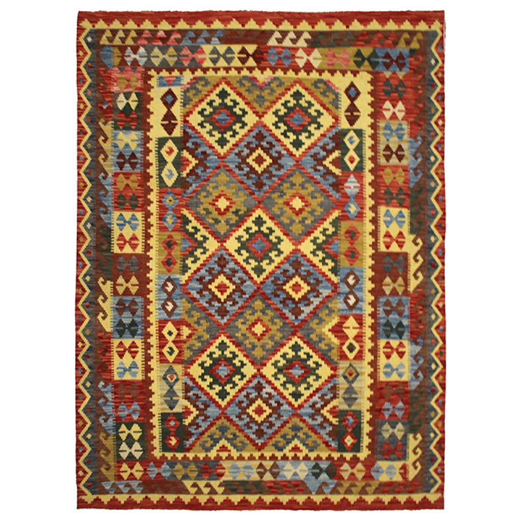 Tappeto classico kilim maima artorient con motivi decorativi geometrici uncinati e rombi, e spesso bordo