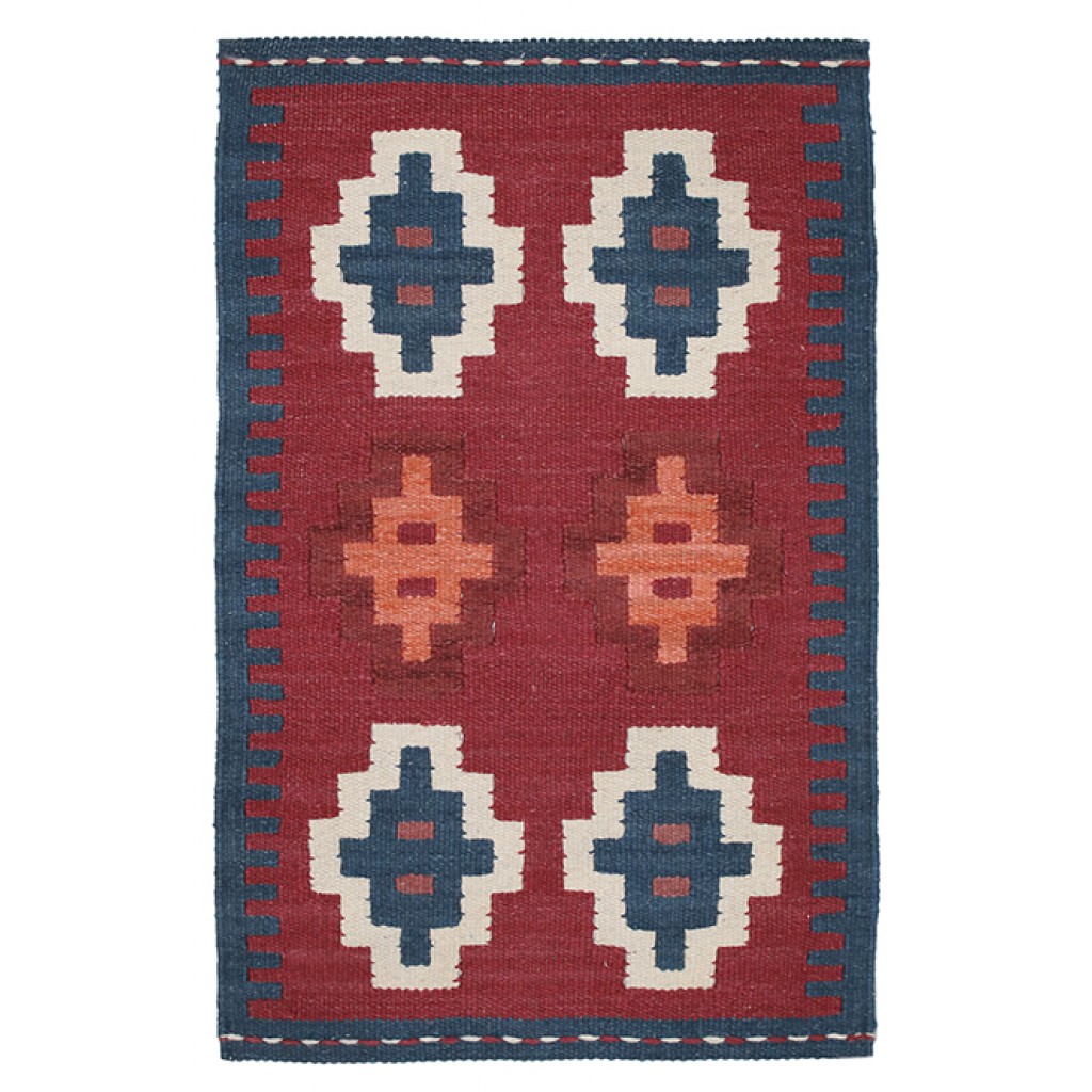 Tappeto contemporaneo kilim artorient con motivi decorativi geometrici astratti su sfondo rosso